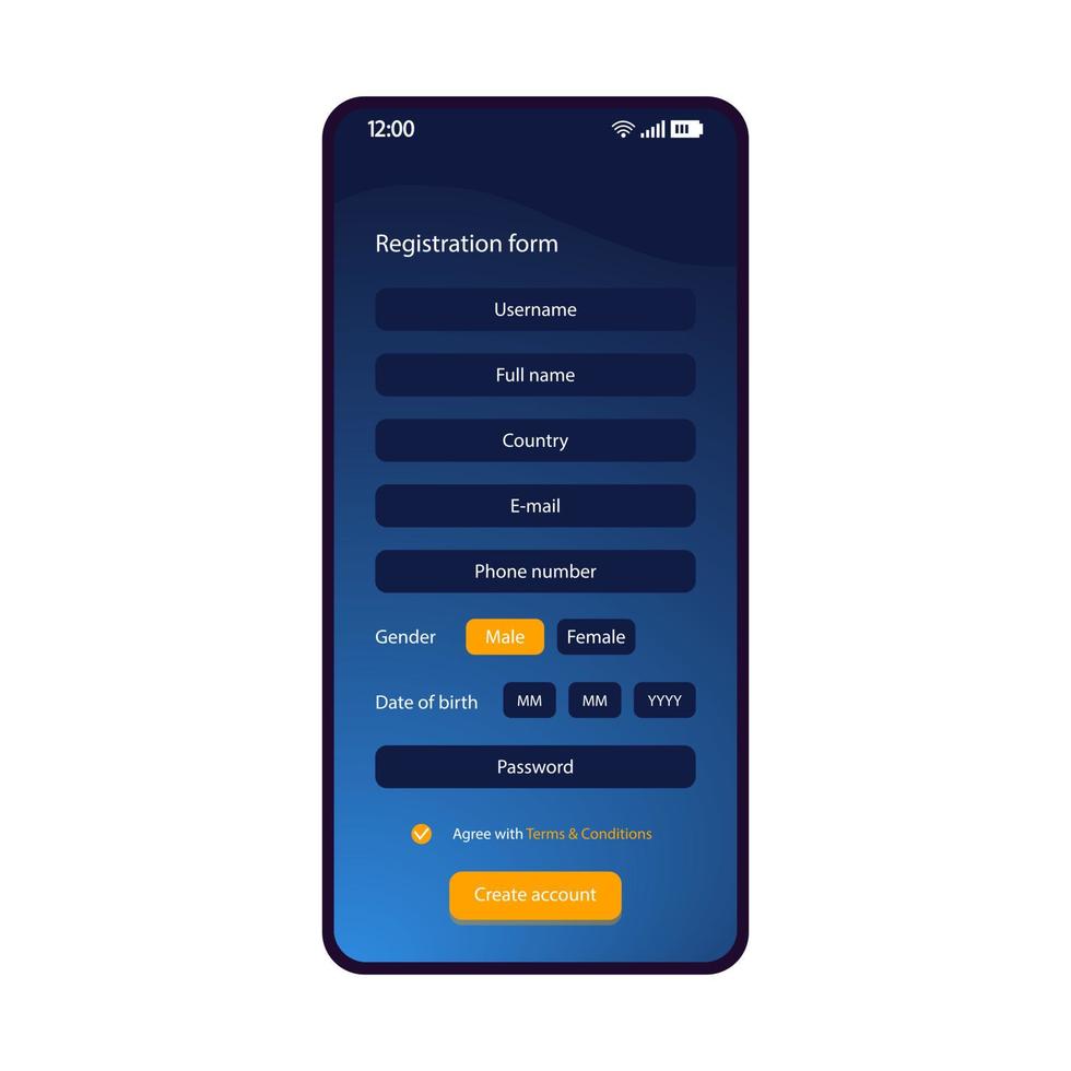 Registration form smartphone interface vector template. Mobile login page blue design layout. Sign up required fields. Create account screen. Flat UI for application. New user register. Phone display