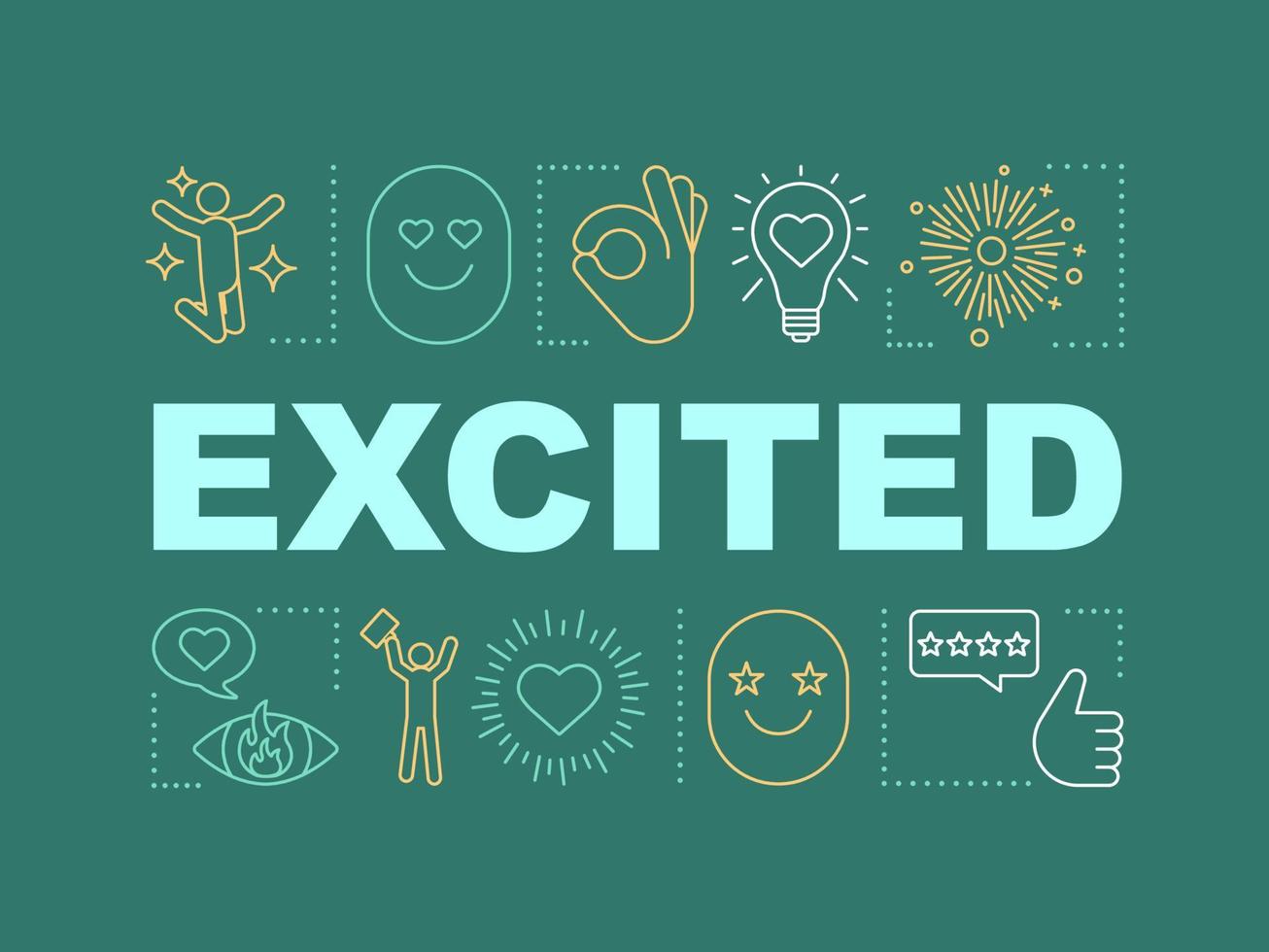 Excited word concepts banner. Joy expression. Happiness, enjoyment. Presentation, website. Isolated lettering typography idea, linear icons. Enthusiastic and eager person. Vector outline illustration