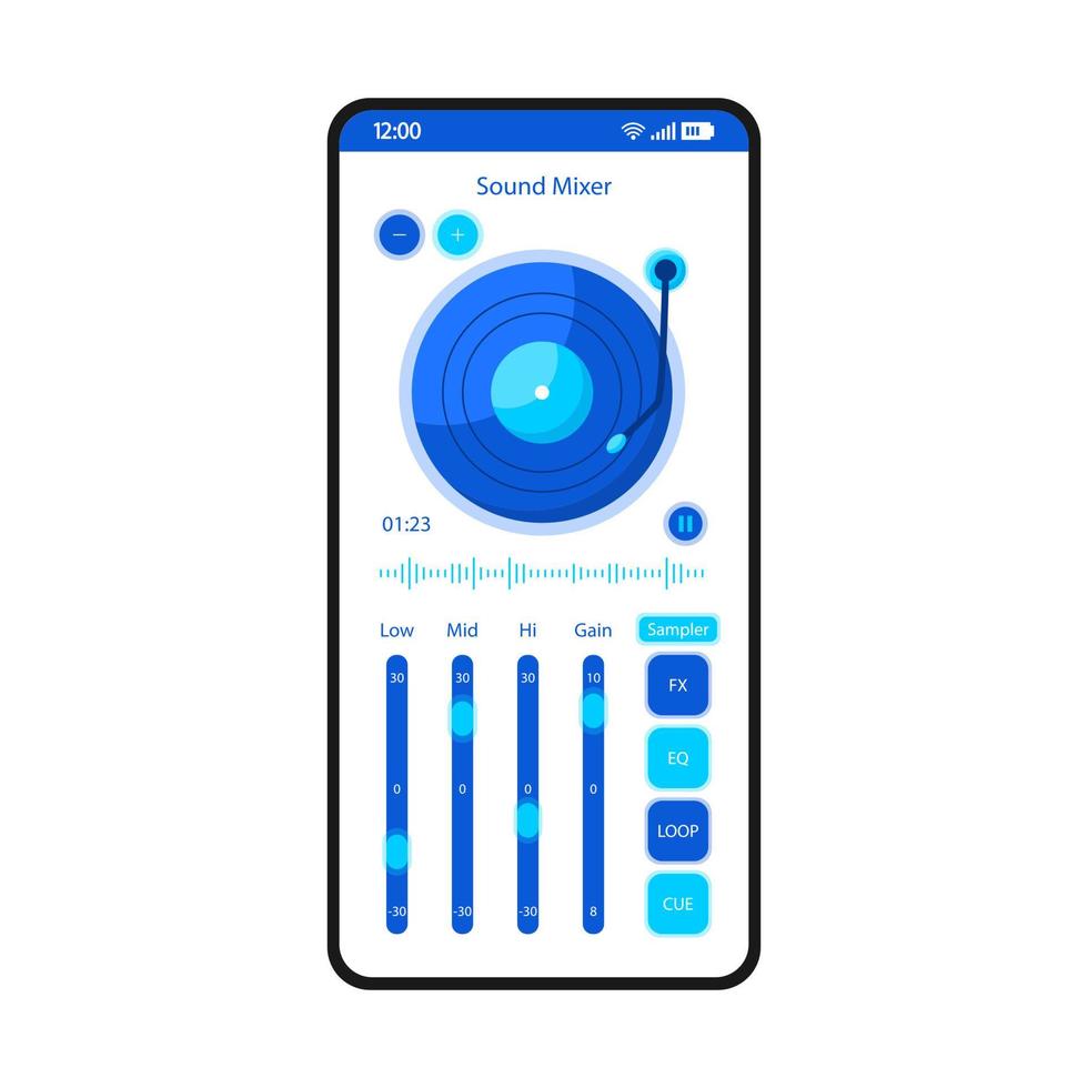 Sound mixer app smartphone interface vector template. Mobile page black design layout. Audio equalizer. Voice recorder. DJ music mixer screen. Flat UI for application. Volume turntable. Phone display