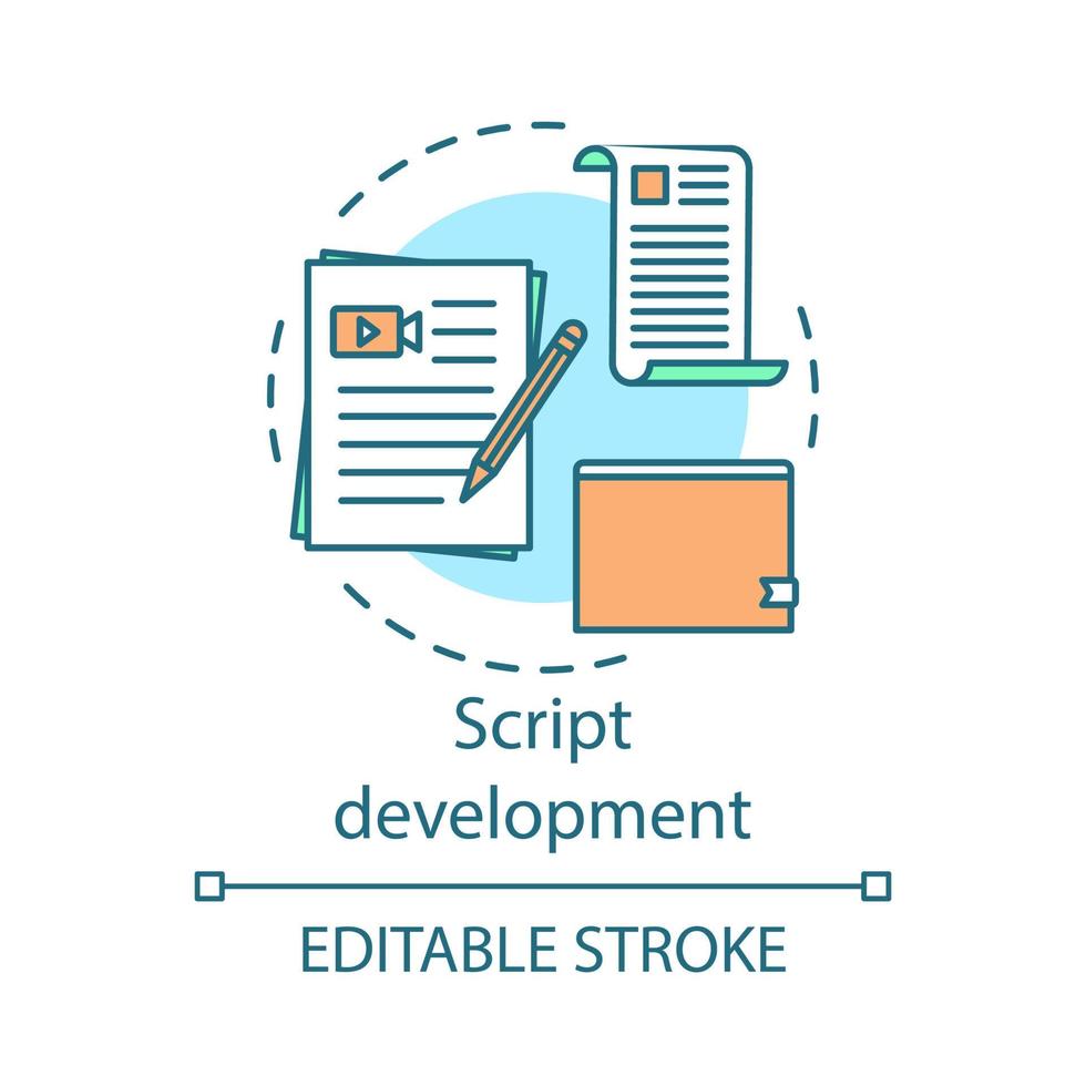 Script development concept icon. Video pre production idea thin line illustration. Film scenario writing. Scripting. Screenwriting. Cinematography. Vector isolated outline drawing. Editable stroke