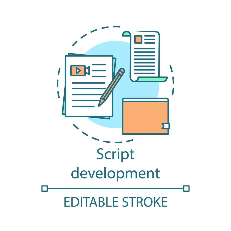 icono del concepto de desarrollo de secuencias de comandos. Ilustración de línea fina de idea de preproducción de video. escritura de guiones cinematográficos. secuencias de comandos. escritura de guiones. cinematografía. dibujo de contorno aislado vectorial. trazo editable vector