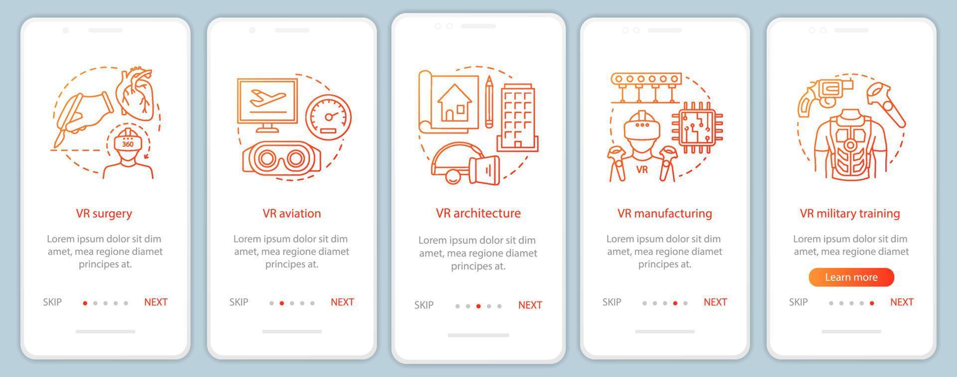 Virtual reality applications onboarding mobile app page screen with concepts. VR production, aviation, military, surgery walkthrough steps graphic instructions. UX, UI, GUI vector template with icons