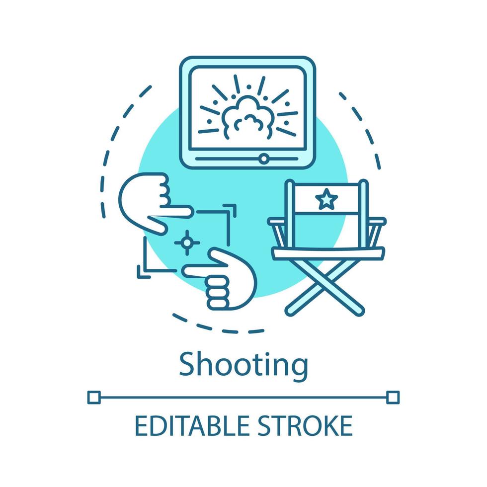 Shooting concept icon. Video production idea thin line illustration. Cinematography. Film making, directing. Movie production process. Filming. Vector isolated outline drawing. Editable stroke