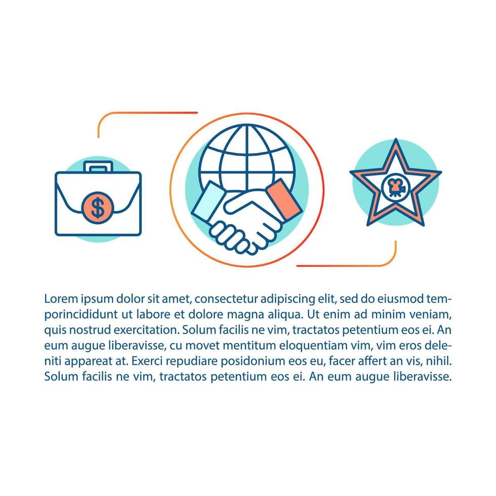 Plantilla de vector de página de artículo de servicios de producción de video. camaradería. folleto, revista, elemento de diseño de folleto con iconos lineales y cuadros de texto. diseño de impresión. ilustraciones de concepto con espacio de texto