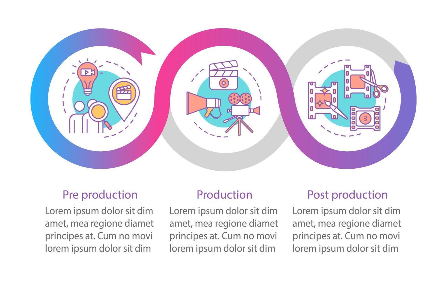 producción de video, plantilla de infografía vectorial de fabricación de películas. elementos de diseño de presentación de negocios. visualización de datos con 6 pasos y opciones. gráfico de la línea de tiempo del proceso. diseño de flujo de trabajo con iconos lineales vector