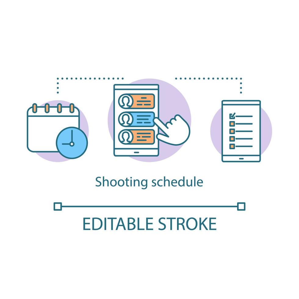 icono de concepto de horario de rodaje. Ilustración de línea fina de idea de preproducción de video. programación de la producción de películas. planificación de rodajes de películas. gestión de reparto. dibujo de contorno aislado vectorial. trazo editable vector