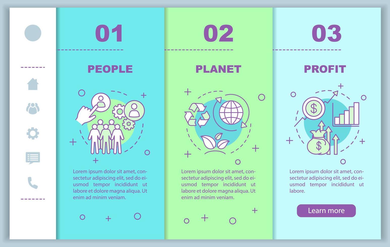 gestión de recursos incorporación de plantillas vectoriales de páginas web móviles. personas, planeta y lucro. triple resultado. interfaz de sitio web inteligente para teléfonos inteligentes. pantallas de pasos del tutorial de la página web. concepto de color vector