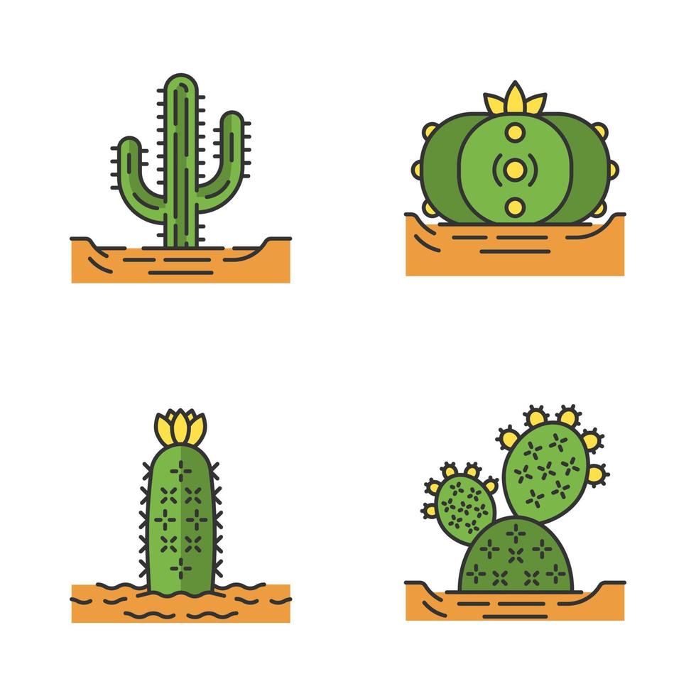 Wild cactuses in ground color icons set. Spiny plants. Green succulents. Saguaro, prickly pear, peyote, hedgehog cactus. Isolated vector illustrations