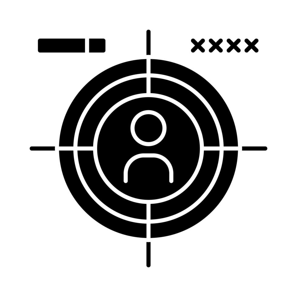 First-person shooter glyph icon. Esports. Shooter video game. FPS. First-person perspective. Silhouette symbol. Negative space. Vector isolated illustration