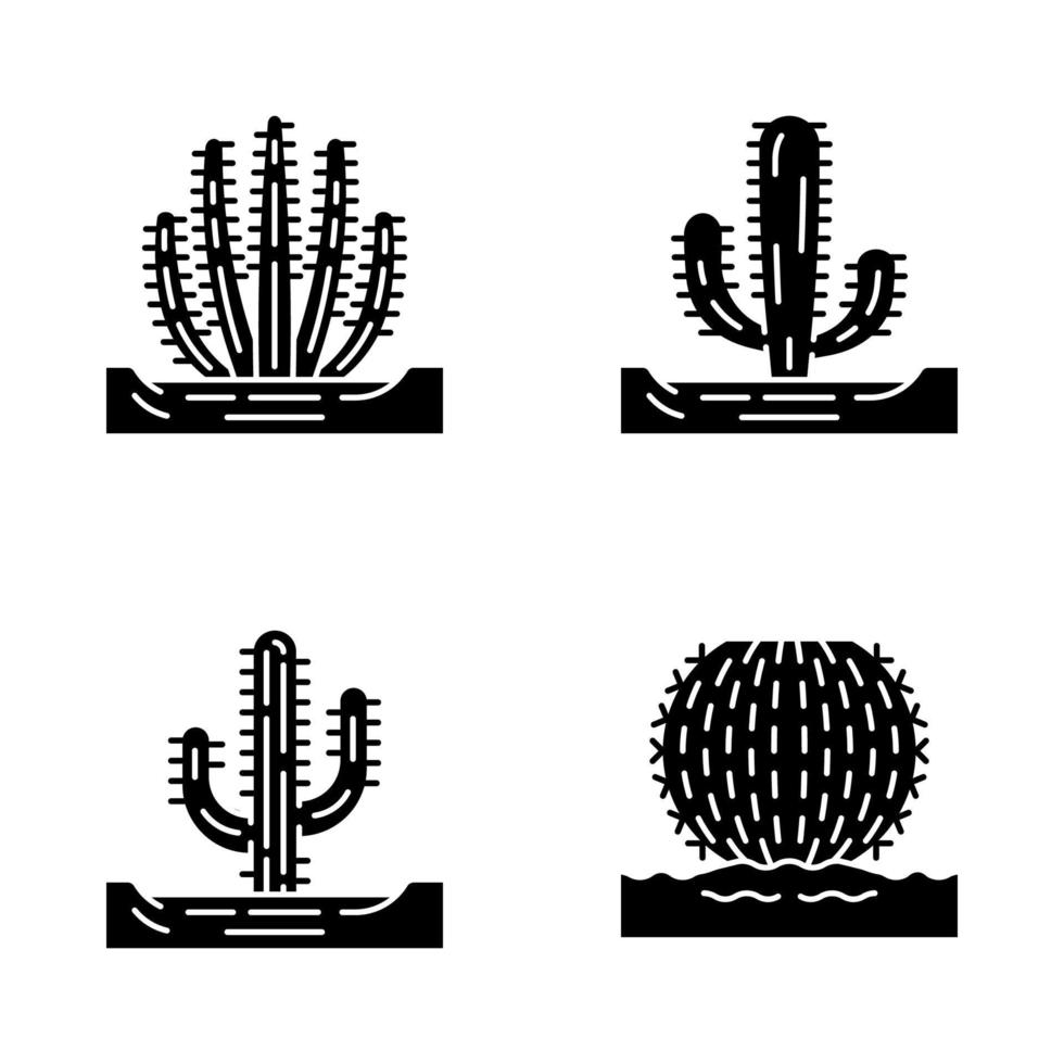 Wild cacti in ground glyph icons set. Succulents. Spiny plants. Barrel cactus, saguaro, mexican giant, organ pipe cactus. Silhouette symbols. Vector isolated illustration