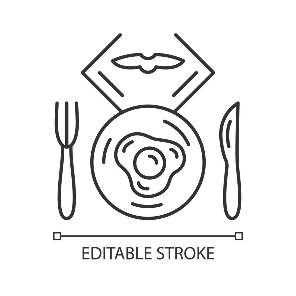 Flight breakfast linear icon. Fried egg on plate. Airplane food. Cutlery. Plane lunch. Jet menu. Thin line illustration. Contour symbol. Vector isolated outline drawing. Editable stroke