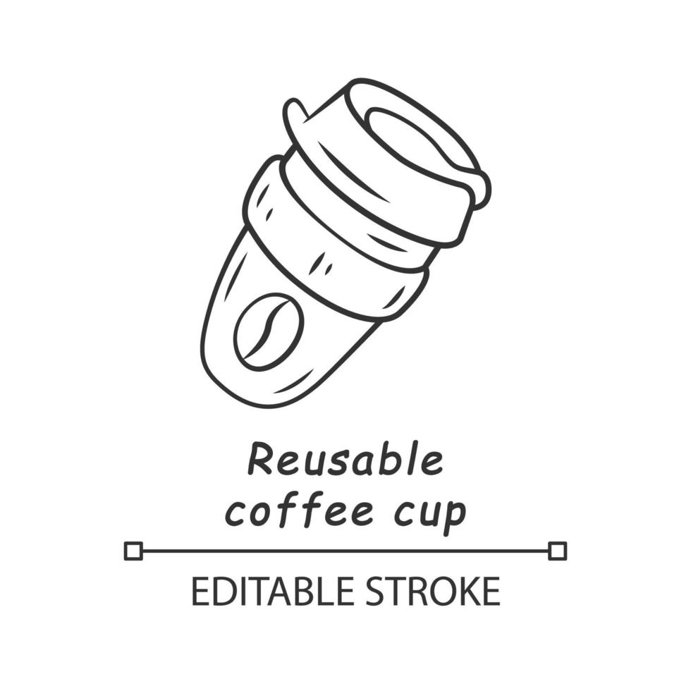 Reusable coffee cup linear icon. Eco friendly packaging. Take and go drink. Eco paper cup for hot coffee. Thin line illustration. Contour symbol. Vector isolated outline drawing. Editable stroke