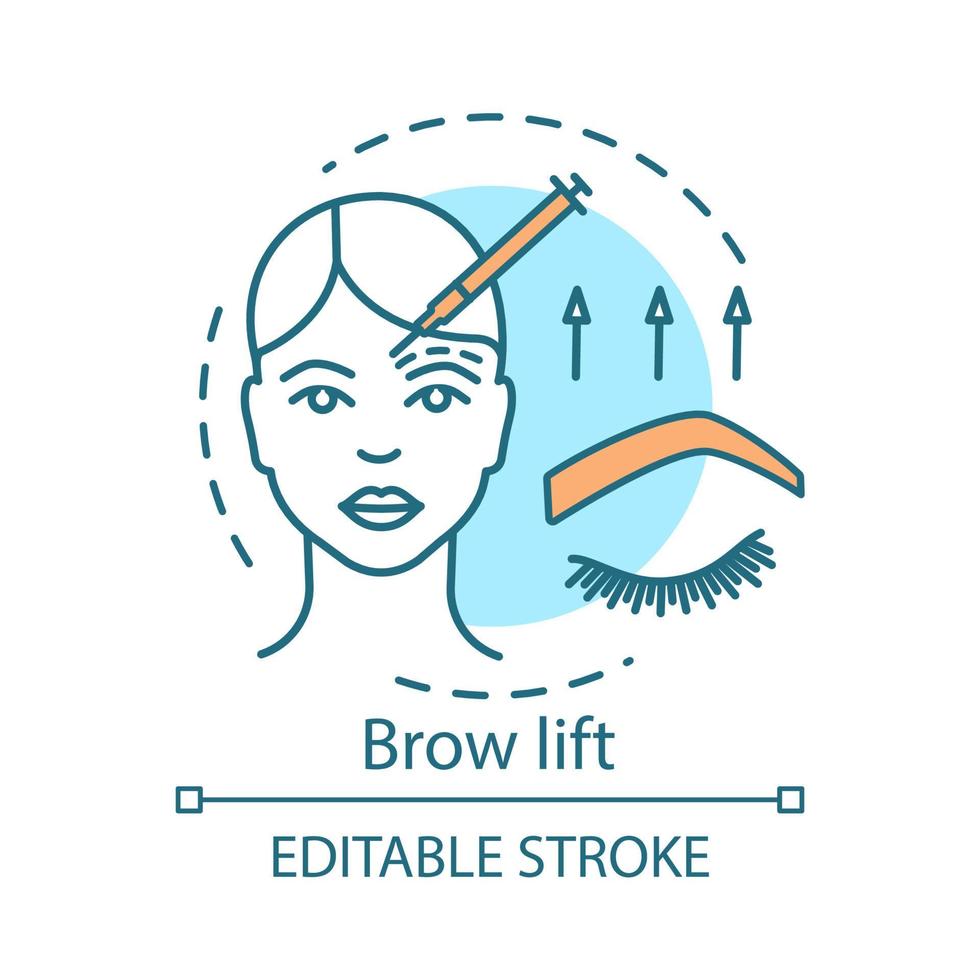 Brow lift concept icon. Cosmetic procedures idea thin line illustration. Forehead lift. Rejuvenation. Forehead and brow skin raising. Vector isolated outline drawing. Editable stroke