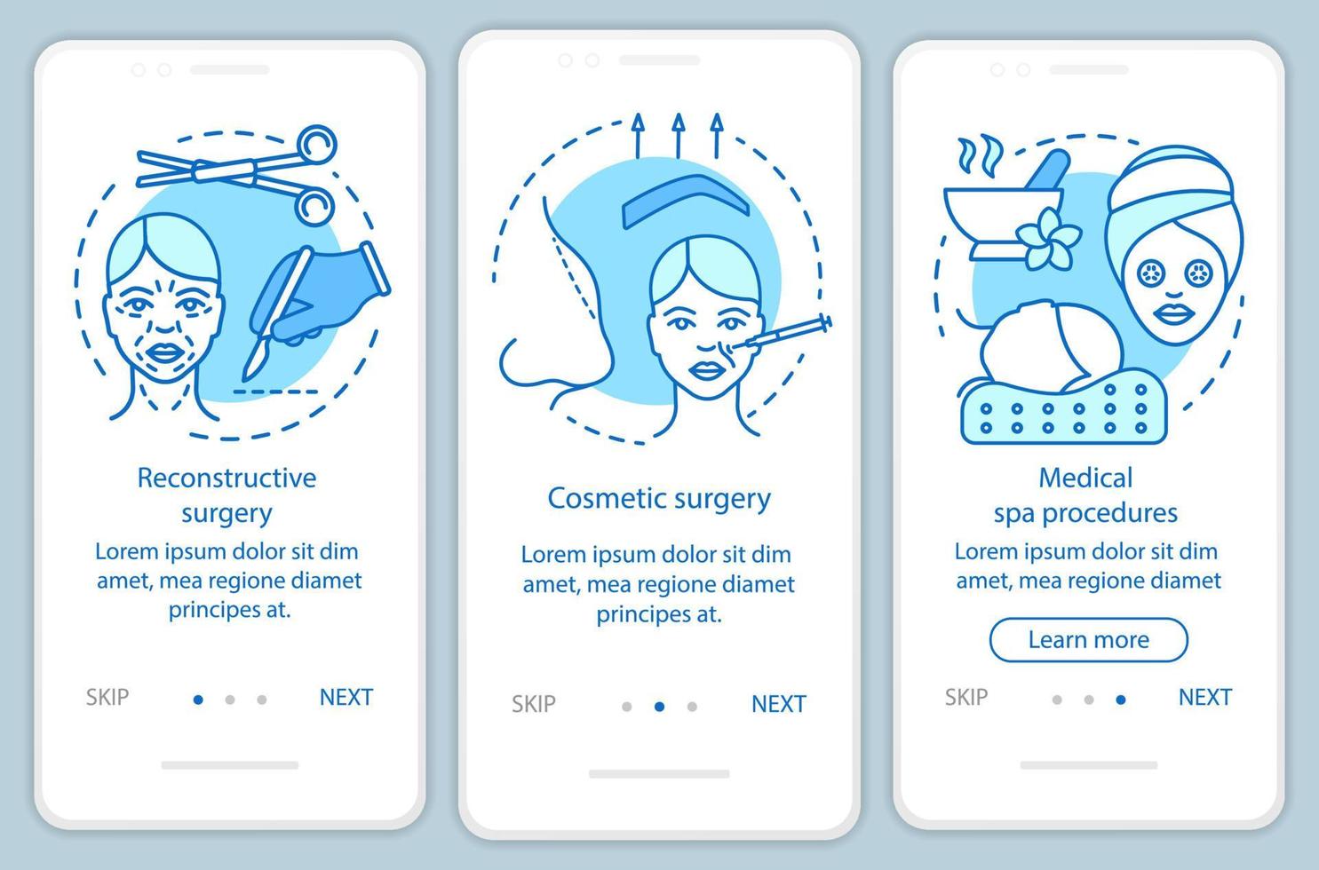 Cosmetic surgery onboarding mobile app page screen with linear concepts. Reconstructive surgery. Three walkthrough steps graphic instructions. UX, UI, GUI vector template with illustrations