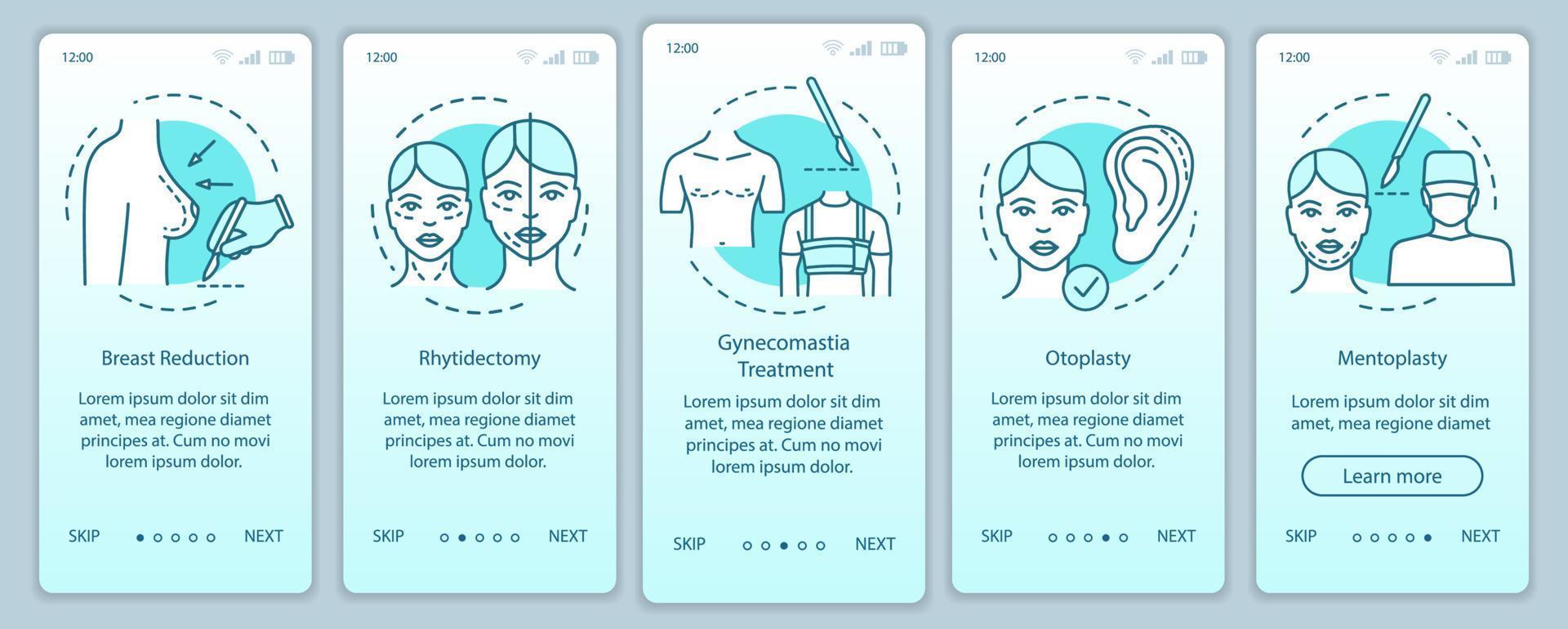Corrective surgery center services onboarding mobile app page screen vector template. Mentoplasty. Walkthrough website steps with linear illustrations. UX, UI, GUI smartphone interface concept