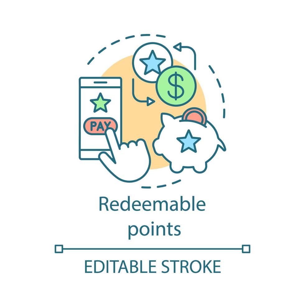 Redeemable points concept icon. Cashback, redeem bonuses idea thin line illustration. Customer loyalty program. Shopping points and money exchange. Vector isolated outline drawing. Editable stroke