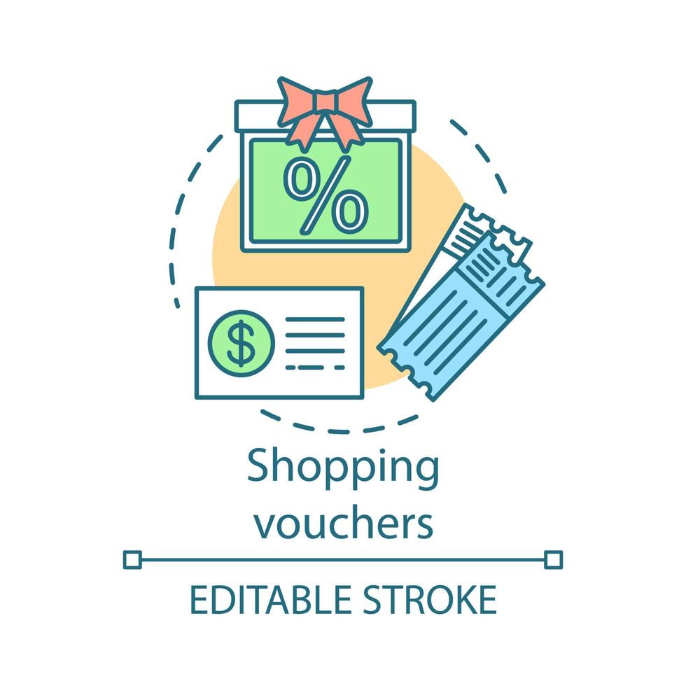 Shopping vouchers concept icon. Referral discount coupons idea thin line illustration. Special offer, bonuses. Tickets, money, sales and presents. Vector isolated outline drawing. Editable stroke