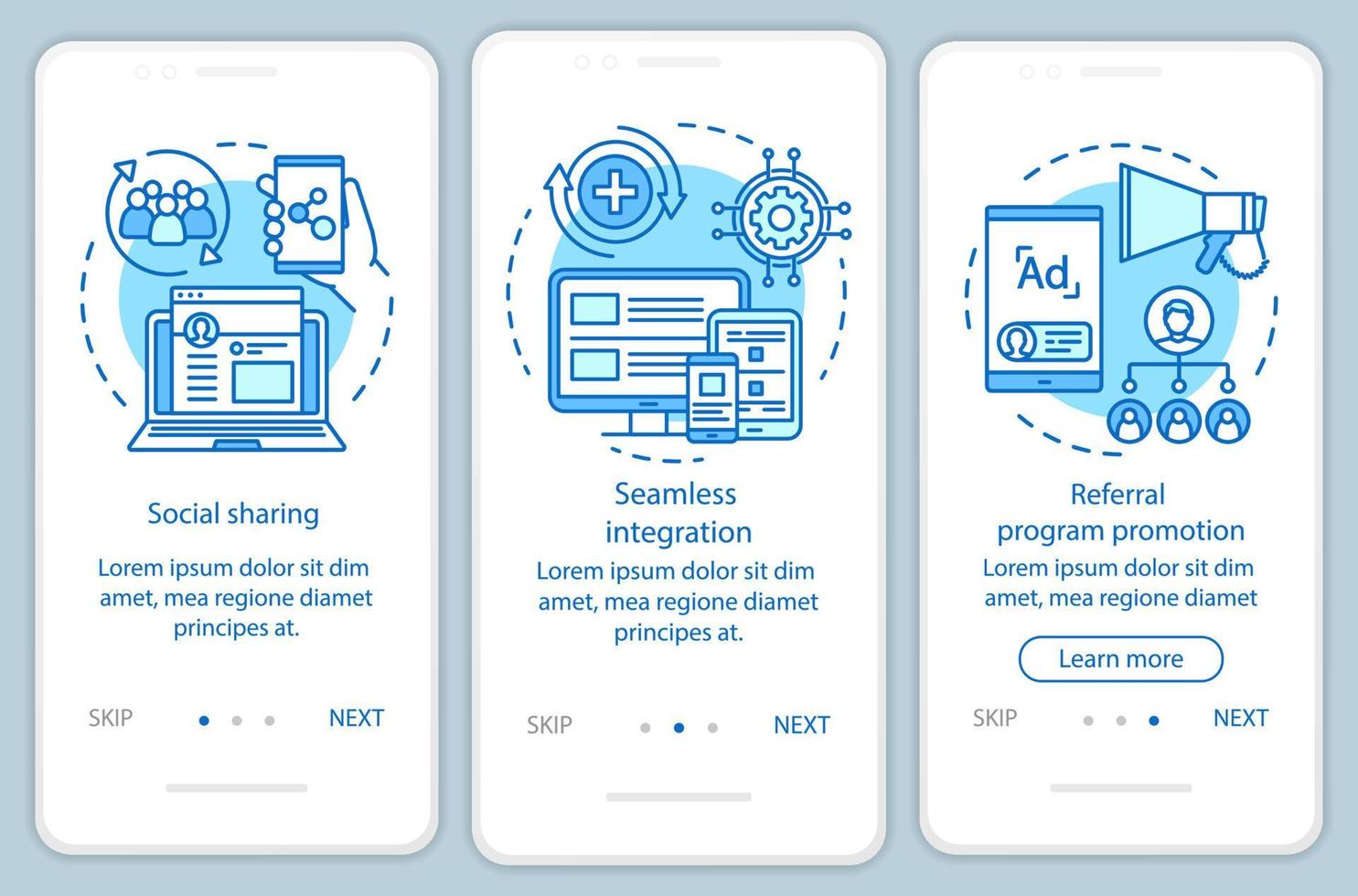 Elementos clave del programa de referencia que incorporan la pantalla de la página de la aplicación móvil con conceptos lineales. instrucciones gráficas de tres pasos paso a paso. atracción de clientes. ux, ui, plantilla de vector de interfaz gráfica de usuario con ilustraciones