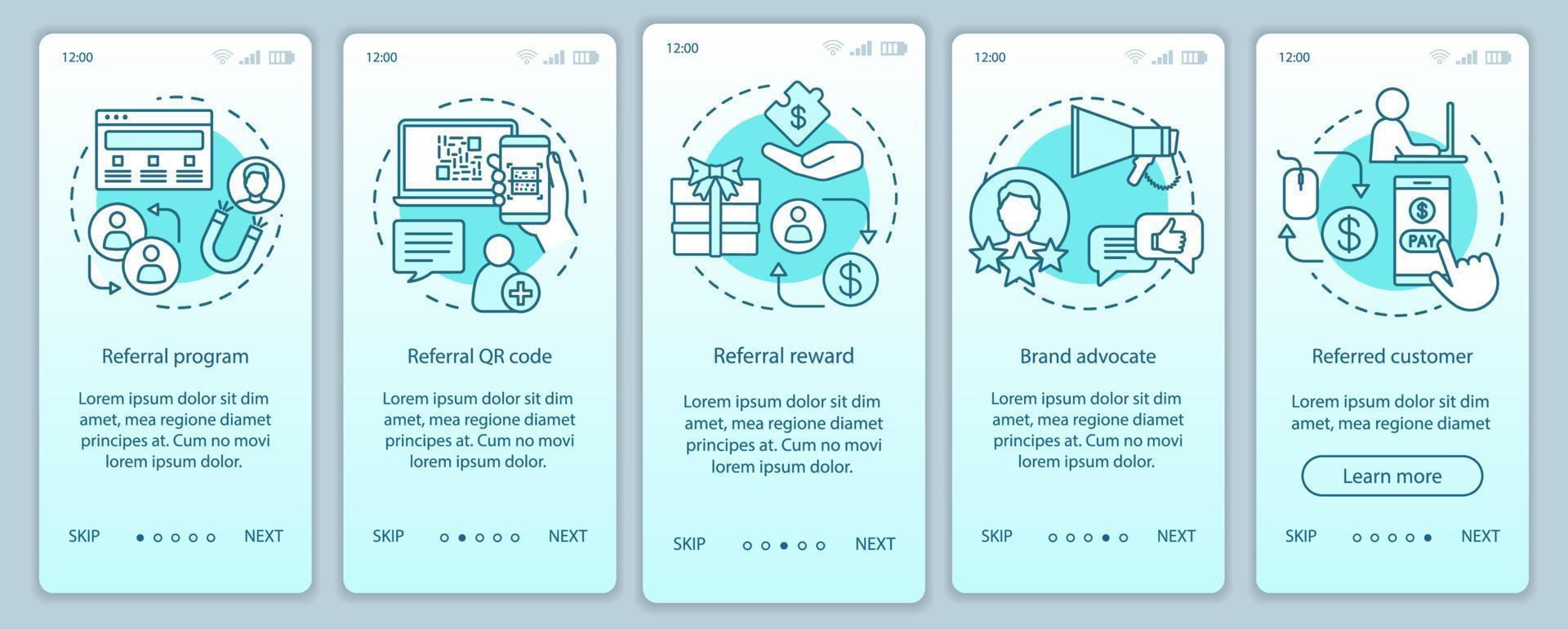 Referral marketing tools onboarding mobile app page screen with linear concepts. Five Steps graphic instructions. Customer attraction, retention. UX, UI, GUI vector template with illustrations