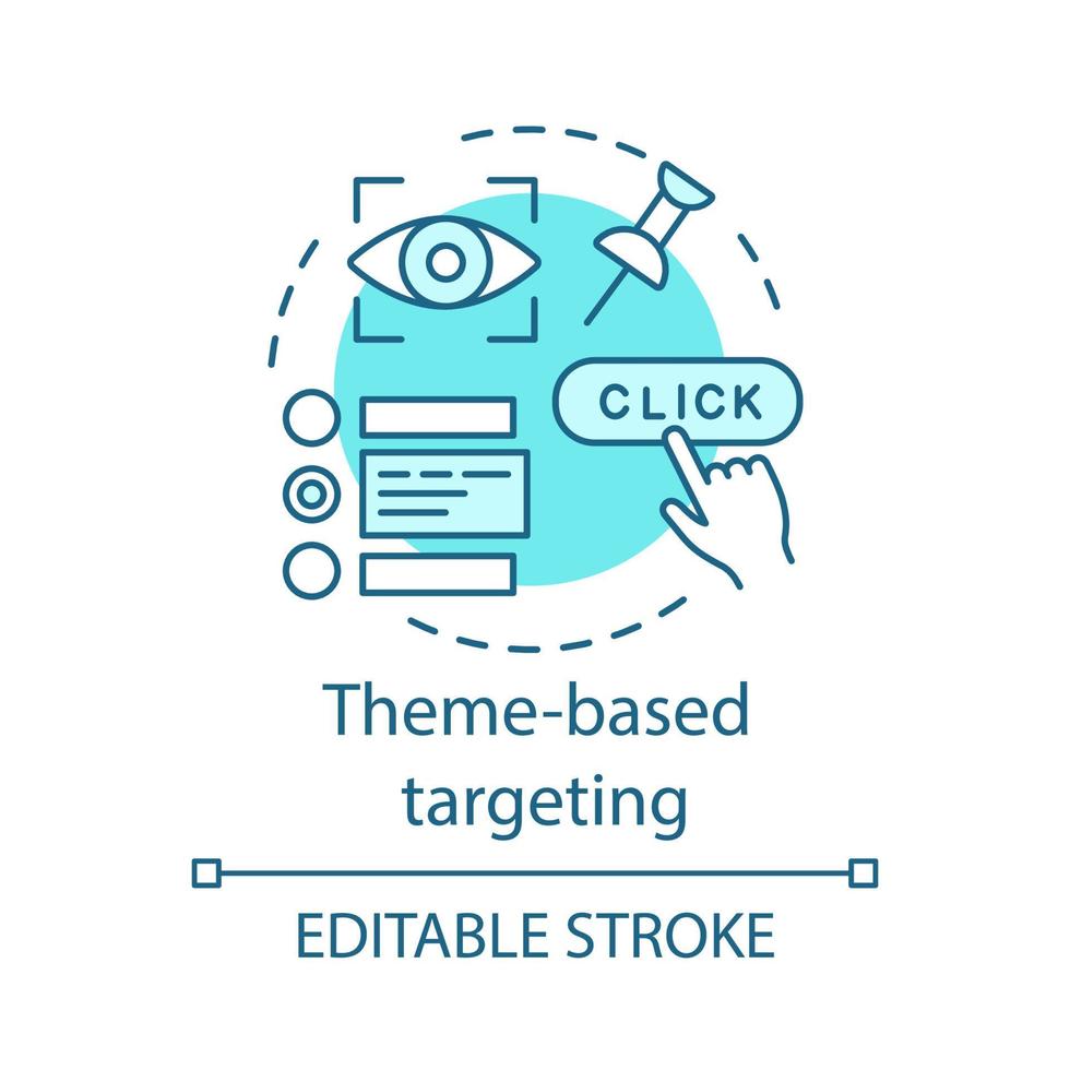 Theme-based targeting turquoise concept icon. Digital marketing strategy idea thin line illustration. Client oriented, customer friendly optimization vector isolated outline drawing. Editable stroke