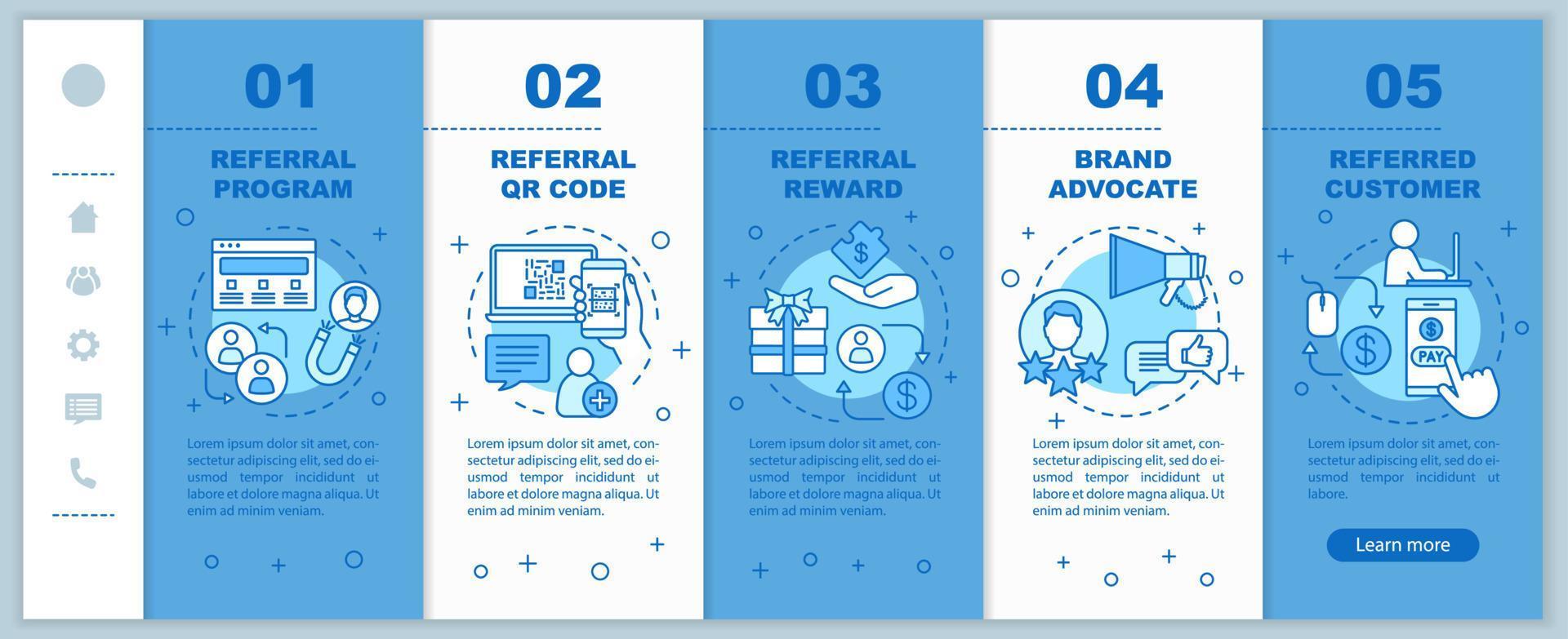 Referral marketing tools onboarding mobile web pages vector template. Responsive smartphone website interface idea with linear illustrations. Webpage walkthrough step screens. Color concept