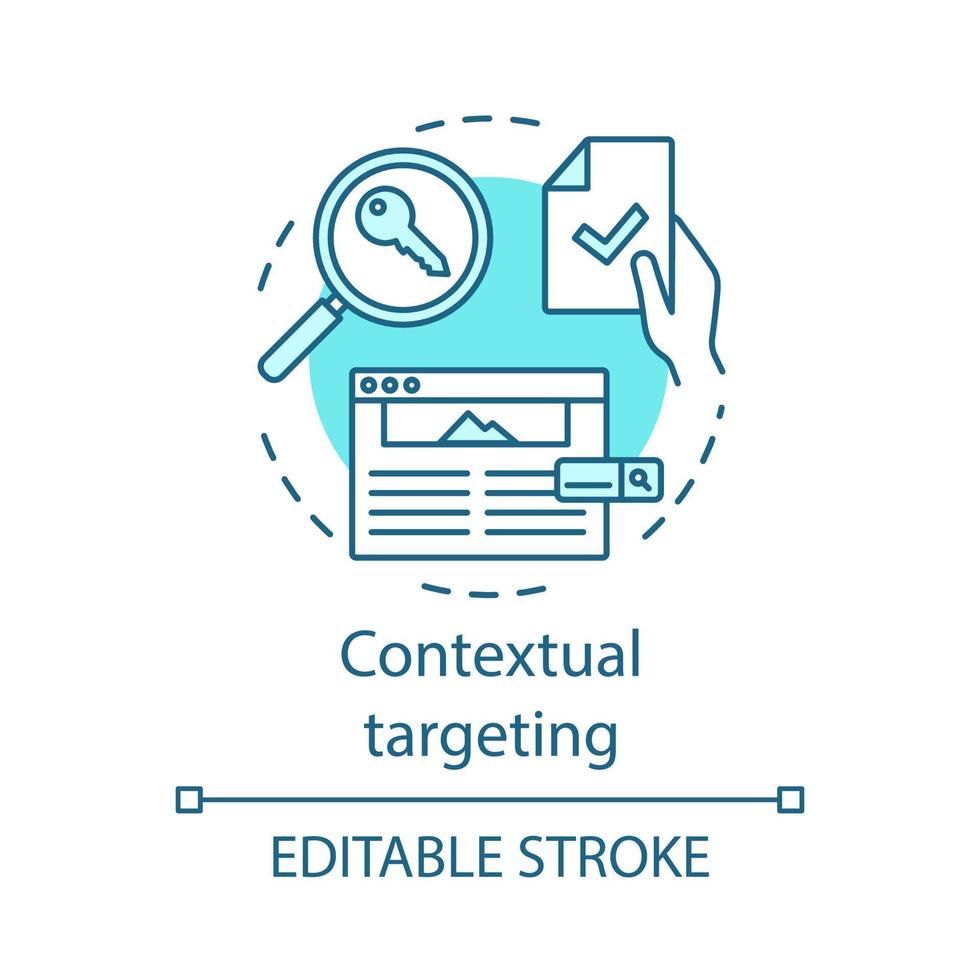 Contextual targeting turquoise concept icon. Copywriting, SEO keywording. Marketing campaign. Social network advertising idea thin line illustration. Vector isolated outline drawing. Editable stroke