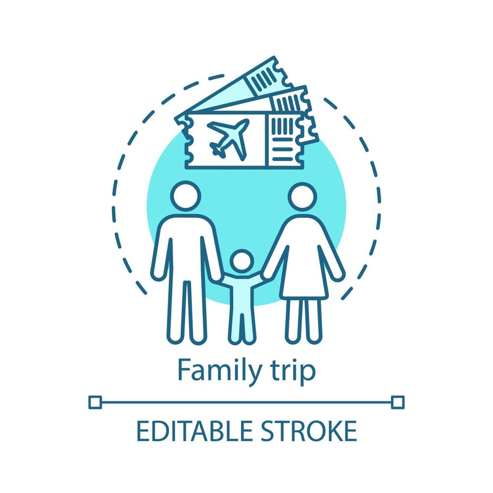 Family trip concept icon. Travel style idea thin line illustration. Vacation destinations. City tours. Kid-friendly activities. Vector isolated outline drawing. Editable stroke