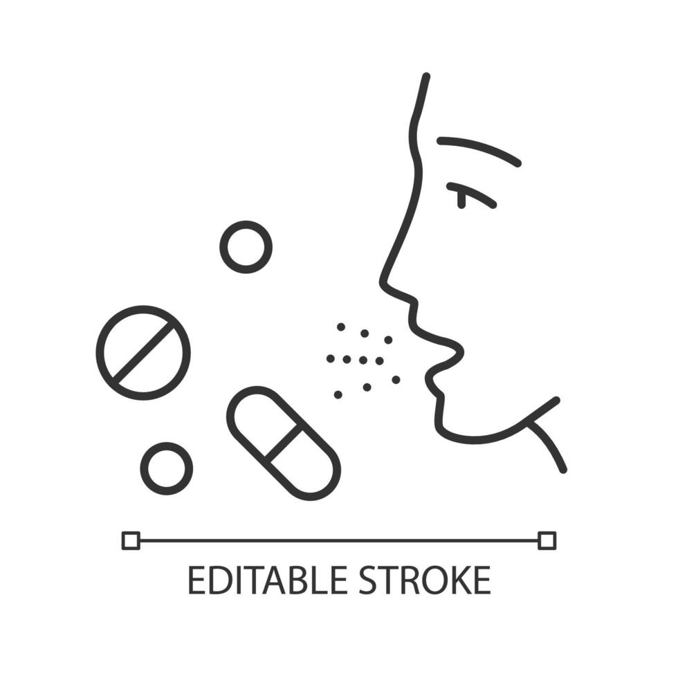 Drug allergies linear icon. Allergic reaction to medicine. Allergy medications. Medical problem. Thin line illustration. Contour symbol. Vector isolated outline drawing. Editable stroke