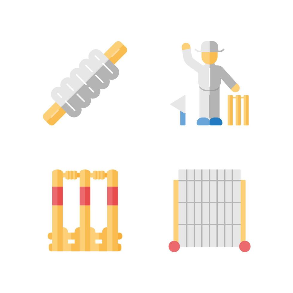 Conjunto de iconos de colores de sombra larga de diseño plano de campeonato de cricket. competición deportiva. fianza, tocones, mirilla, árbitro. equipo deportivo, juez. torneo de clubes. equipo de batalla. ilustraciones de silueta de vector