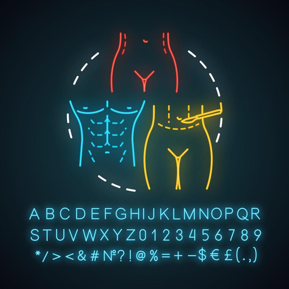 Abdominoplasty neon light icon. Aesthetic cosmetic surgery. Tummy tuck operation. Lower body lift. Glowing sign with alphabet, numbers and symbols. Vector isolated illustration