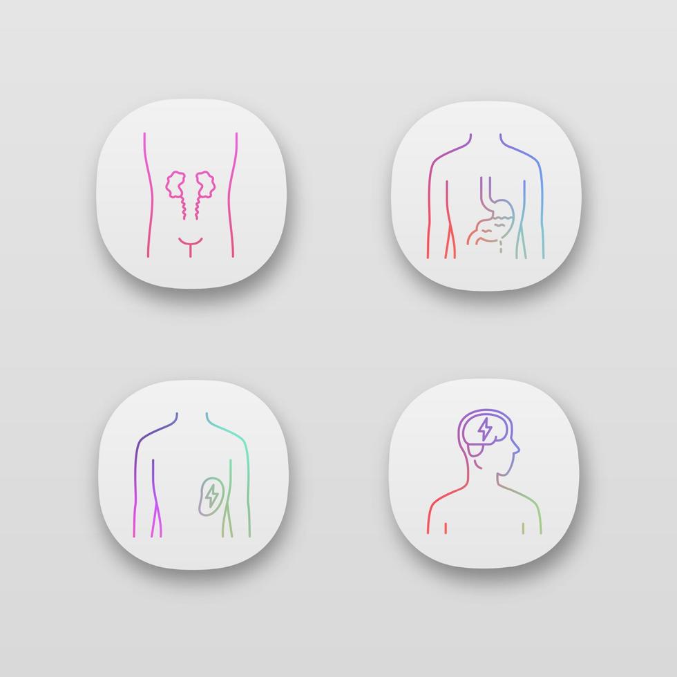 Ill human organs app icons set. UI UX user interface. Web or mobile applications. Sore kidneys and spleen. Aching stomach. Unhealthy brain. Sick internal body parts. Vector isolated illustrations