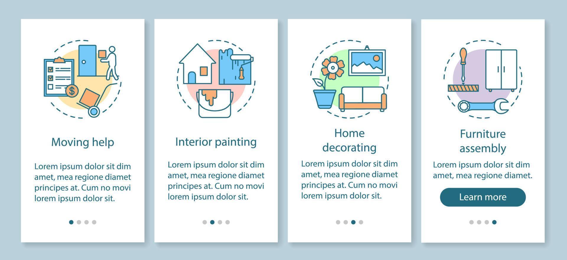 Servicios para el hogar que incorporan la pantalla de la página de la aplicación móvil con conceptos lineales. pintura interior. decoración del hogar. instrucciones gráficas de cuatro pasos de tutorial. ux, ui, plantilla de vector de interfaz gráfica de usuario con ilustraciones