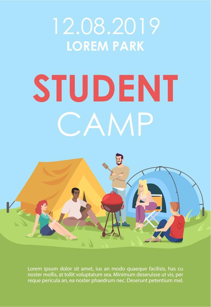 Student camp brochure template. Outdoor picnic flyer, booklet, leaflet concept with flat illustrations. Vector page layout for magazine. Barbecue party advertising invitation with text space