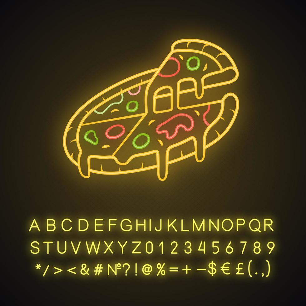 icono de luz de neón de pizza en rodajas. pizzería, pizzería, restaurante, menú de cafetería. comida italiana. Entrega de comida rápida. signo brillante con alfabeto, números y símbolos. vector ilustración aislada