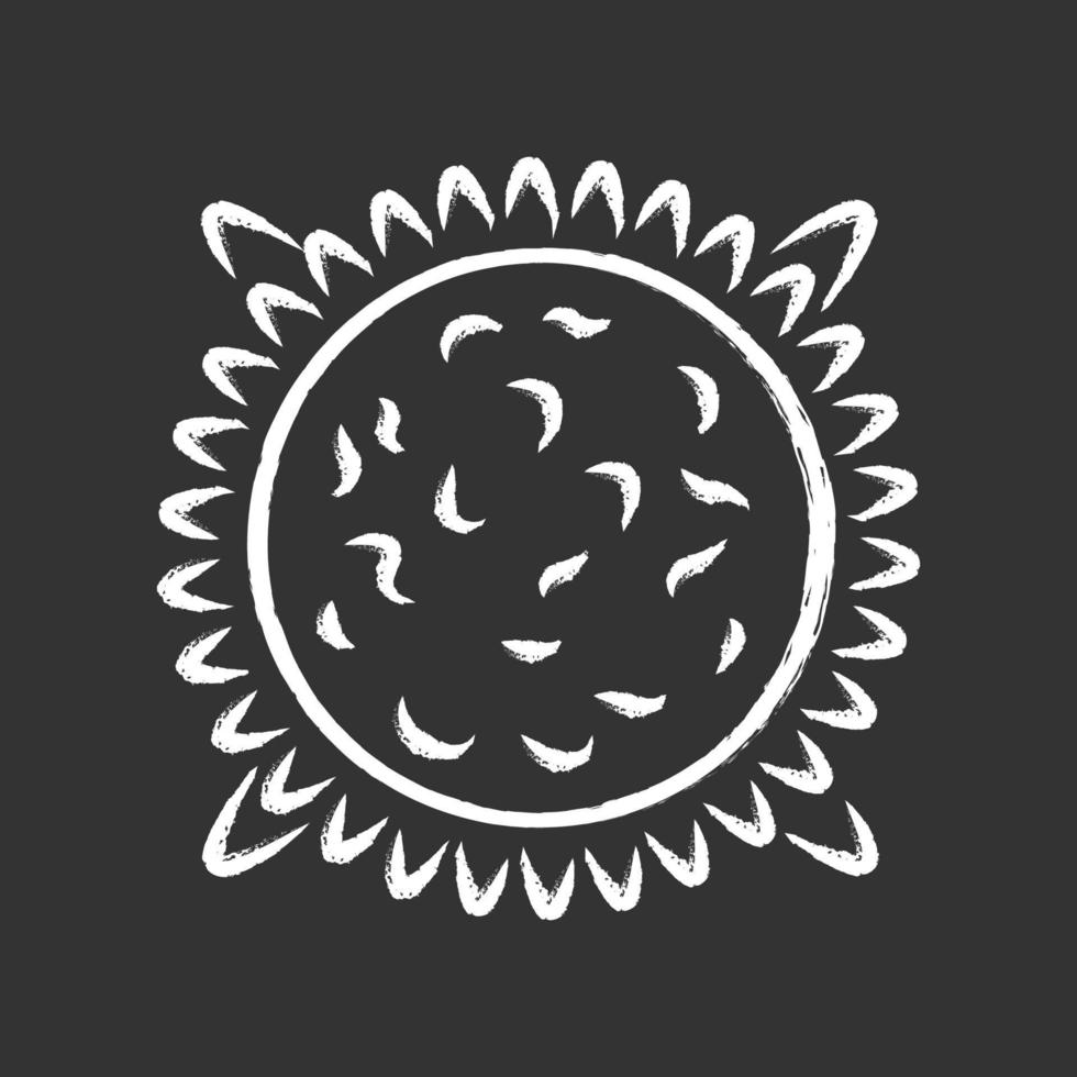 Sun chalk icon. Star in Solar System center. Hot plasma sphere. Energy source. Solar activity study. Space exploration. Astronomy, astrophysics, astrology. Isolated vector chalkboard illustration