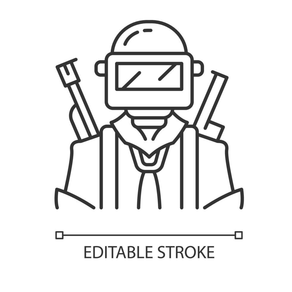 Game soldier linear icon. Player with weapon in safety gear. Player in protective helmet with guns. Thin line illustration. Contour symbol. Vector isolated outline drawing. Editable stroke