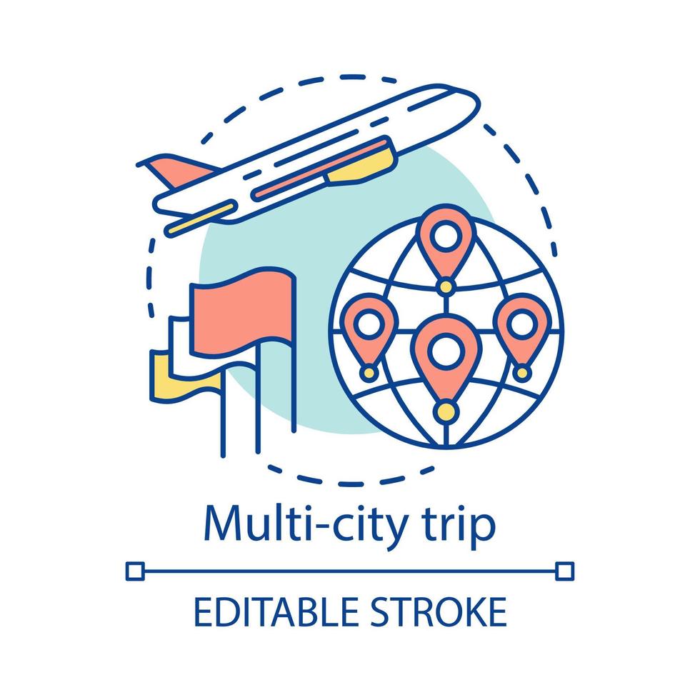 Multi-city trip concept icon. Flights with multiple destinations idea thin line illustration. Airplane traveling. Tourism, tour. Plane flying up. Vector isolated outline drawing. Editable stroke