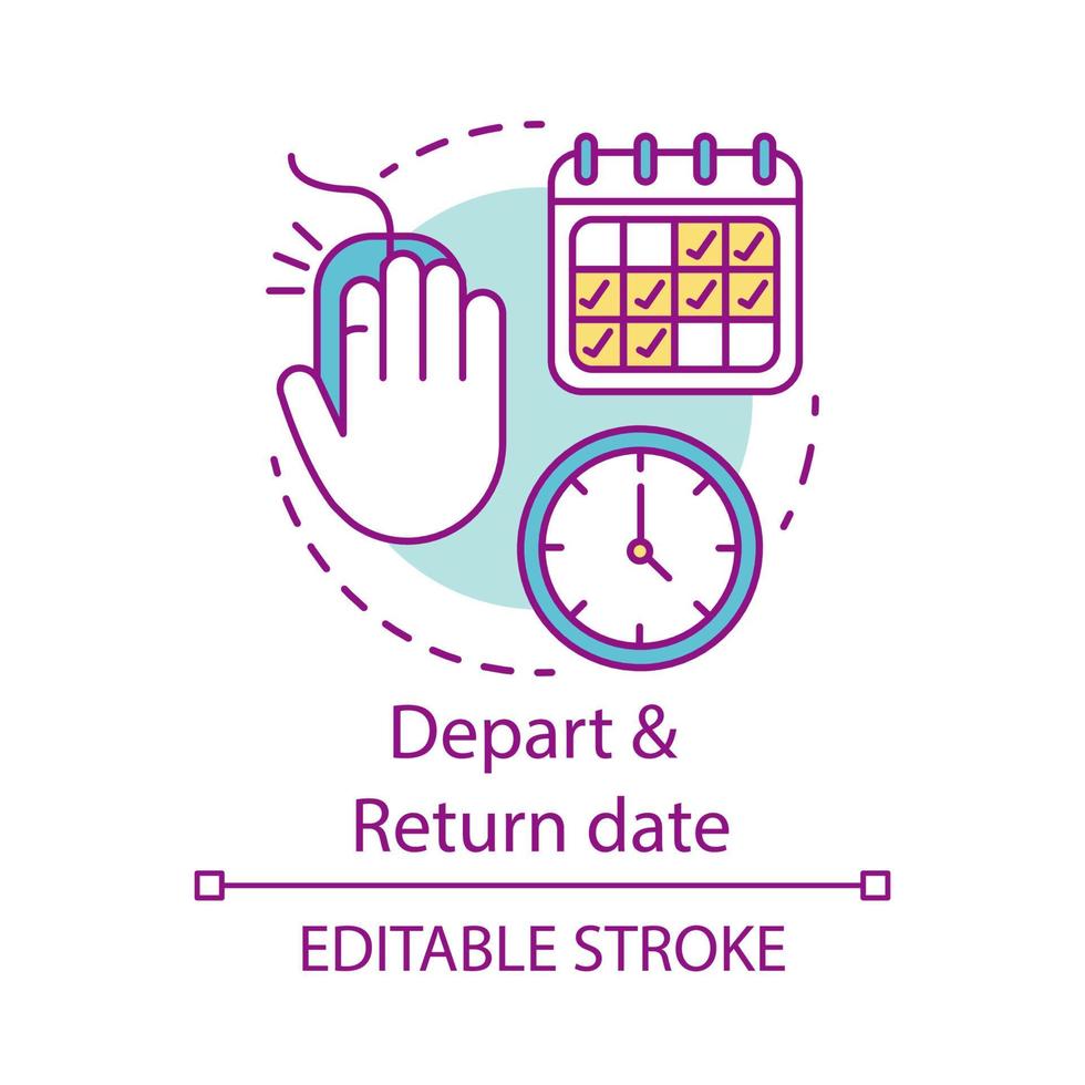 Depart and return date concept icon. Flights schedules and timetables idea thin line illustration. Travel by plane. Air transport services. Vector isolated outline drawing. Editable stroke