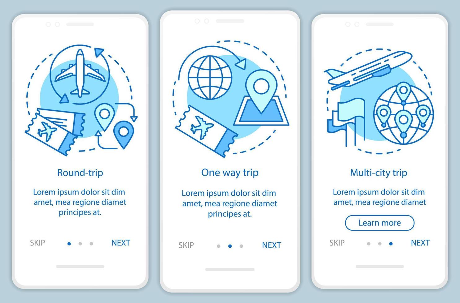 Aircraft flight ticket turquoise onboarding mobile app page screen with linear concepts. Journey and travel walkthrough steps graphic instructions. UX, UI, GUI vector template with illustrations