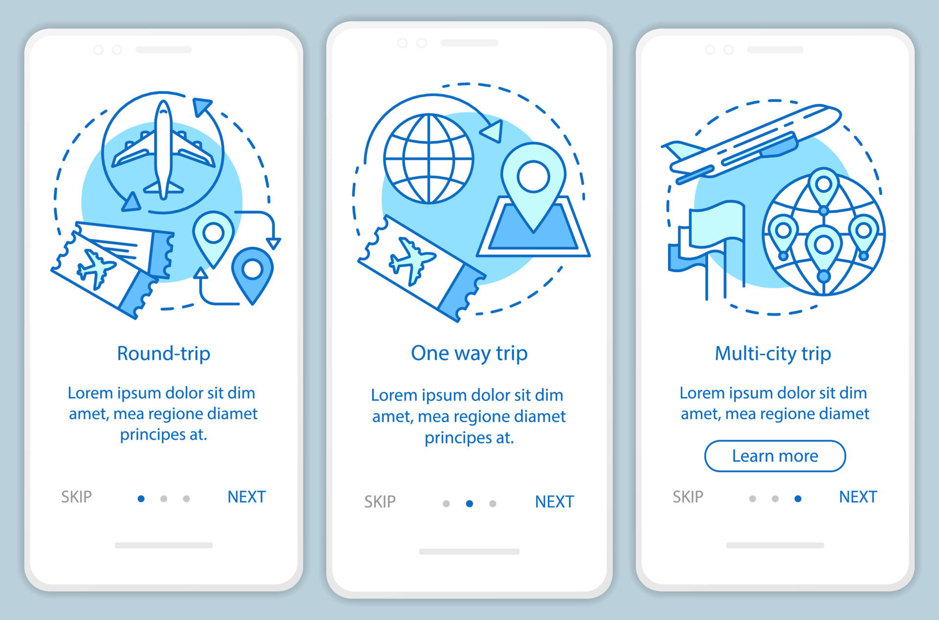 Aircraft flight ticket turquoise onboarding mobile app page screen with