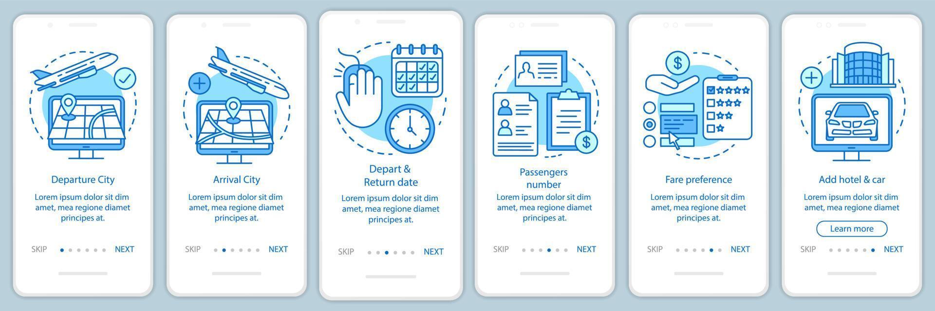 Airport and hotel blue onboarding mobile app page screen with linear concepts. Departure and arrival city walkthrough steps graphic instructions. UX, UI, GUI vector template with illustrations