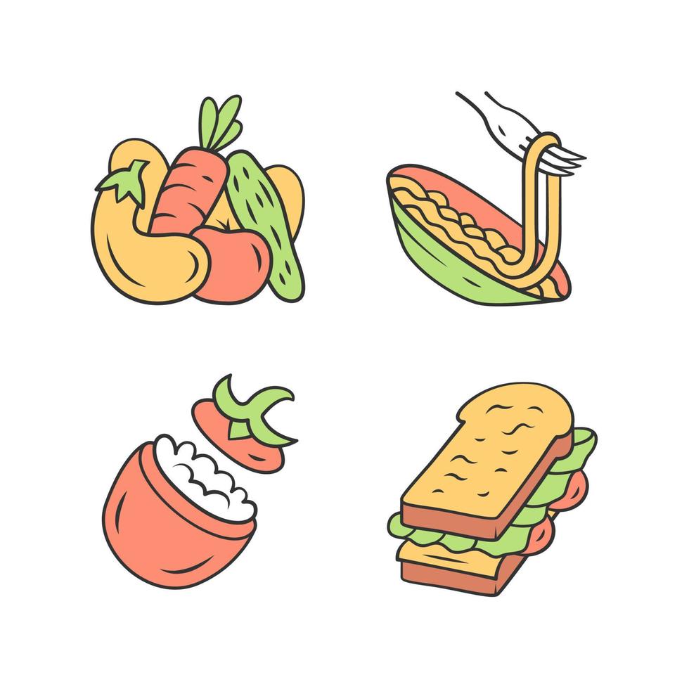 Nutritious food color icons set. Vegetables, pasta, stuffed tomato, sandwich. Cafe, restaurant snack, appetizer. Healthy nutrition. Salad, spaghetti. Isolated vector illustrations