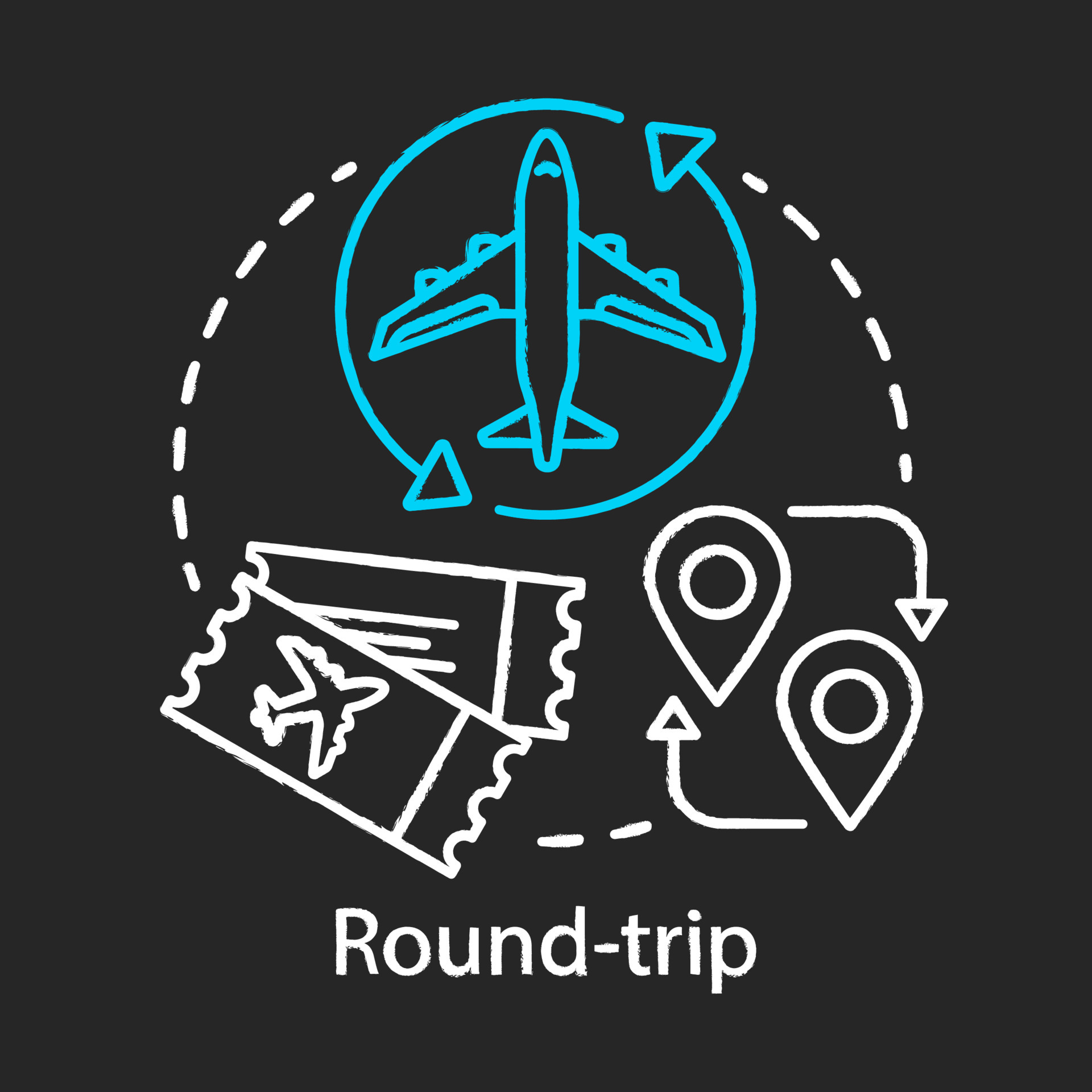 Roundtrip chalk icon. Return ticket.Travelling by plane, airplane trip