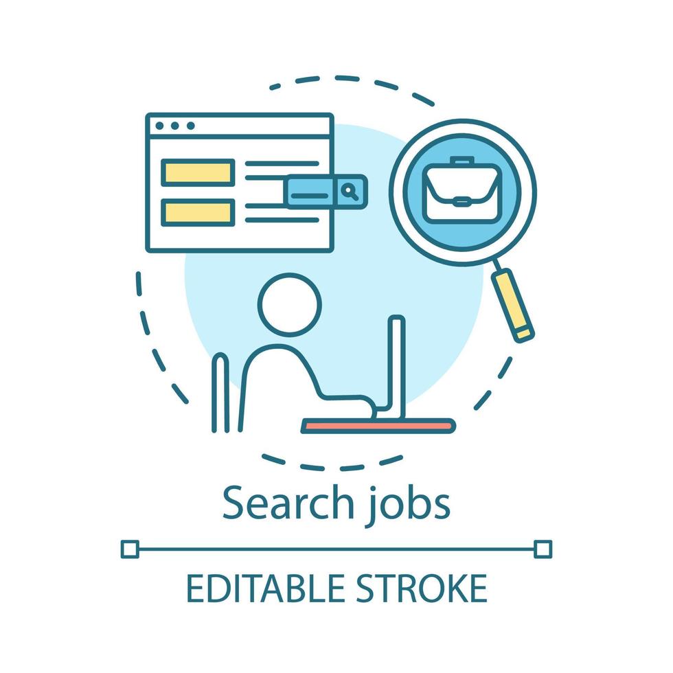 Search job concept icon. Work finding idea thin line illustration. HR management. Headhunting, hiring. Recruitment, employment. Job application. Vector isolated outline drawing. Editable stroke