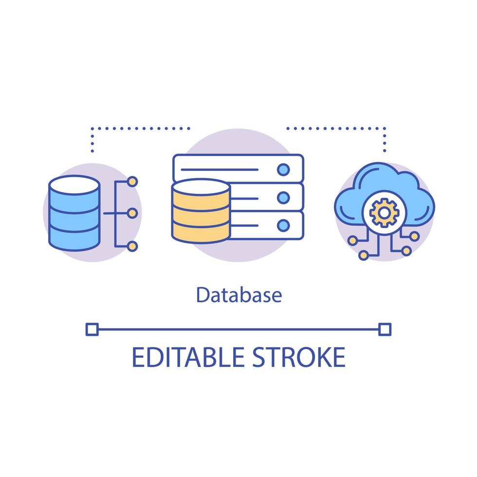 Database concept icon. Data storage idea thin line illustration. Personal information. Cloud. Data collecting and processing. System software. Vector isolated outline drawing. Editable stroke