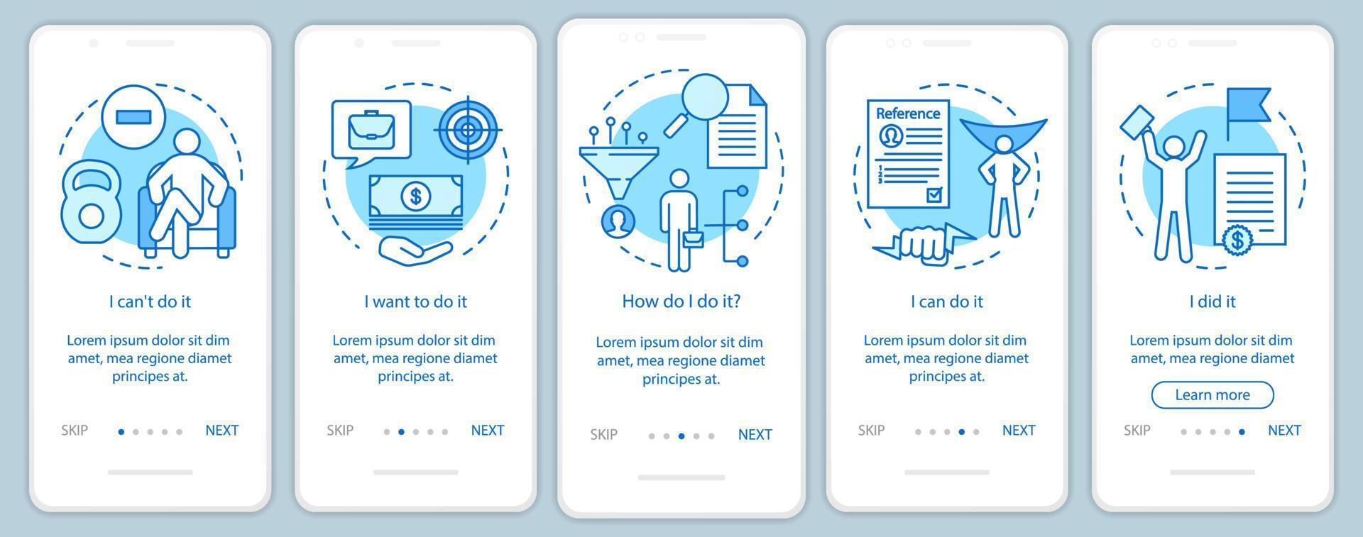 Motivation onboarding mobile app page screen with linear concepts. Goal achieving, problem solving. Getting job. Steps graphic instructions. UX, UI, GUI vector template with illustrations