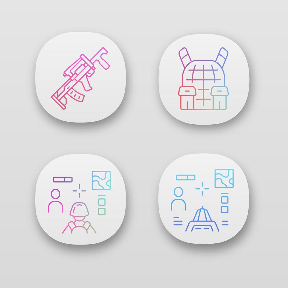 Online game inventory app icons set. Shooter from first person and 3d perspective. Weapon, body armor. UI UX user interface. Web or mobile applications. Vector isolated illustrations