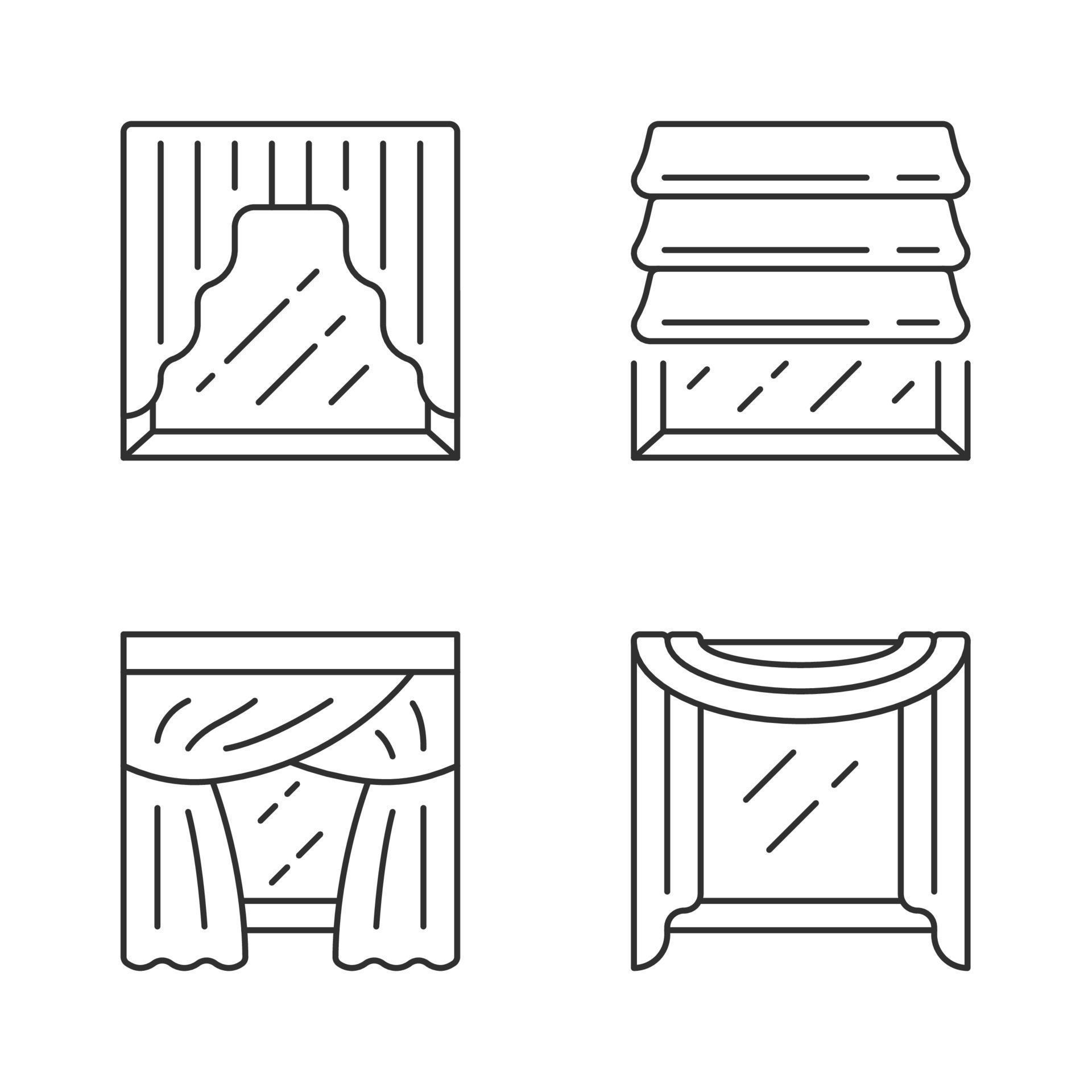 Window drapes linear icons set. Roman shades, swags, priscilla curtains