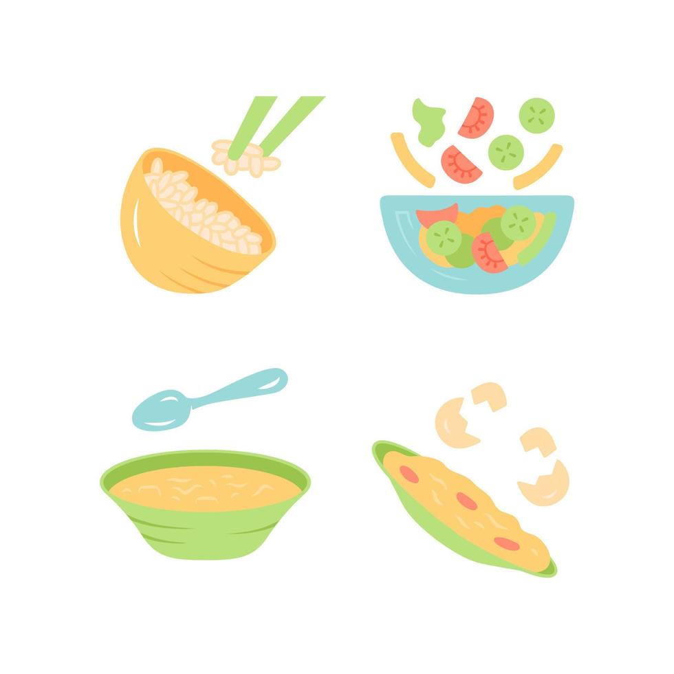 Conjunto de iconos de colores de larga sombra de diseño plano de alimentos orgánicos. verduras, huevos. ensalada, sopa, omelet. nutrición saludable. cena, cena menú del restaurante. primero, segundo plato. ilustraciones de silueta de vector