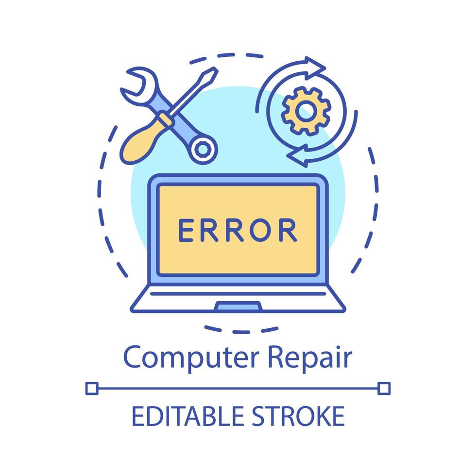 Computer repair concept icon. Home service for electronic devices idea thin line illustration. Operating system reinstall. Laptop refit. Vector isolated outline drawing. Editable stroke